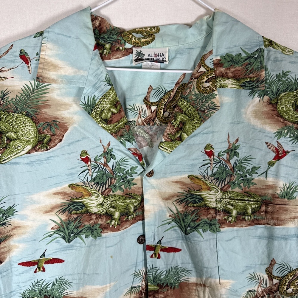 Aloha Republic Mens Alligator Snake Print Hawaiian Shirt Blue XL Made in Hawaii